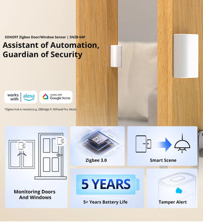 SONOFF SNZB-04P Zigbee Tür- und Fenstersensor – Lokale Smart-Szenen-Verknüpfung, Sabotage-Alarm, Haussicherheit, kompatibel mit Alexa, Google Home, Alice