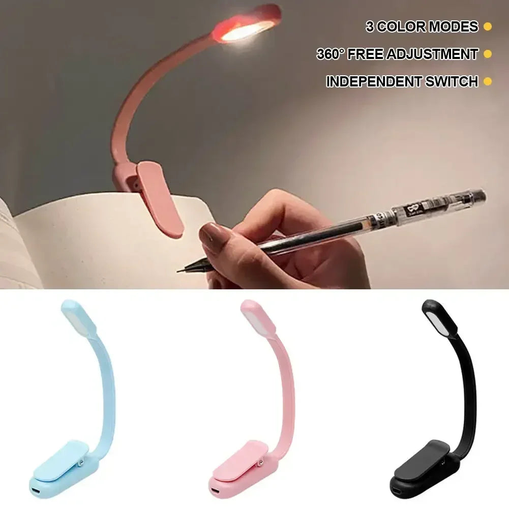 USB Mini LED Book Night 3 Lichtfarbe Einstellbare Helligkeit Clip-On Studie Leselampe Wiederaufladbar für Reisen Schlafzimmer Lesen