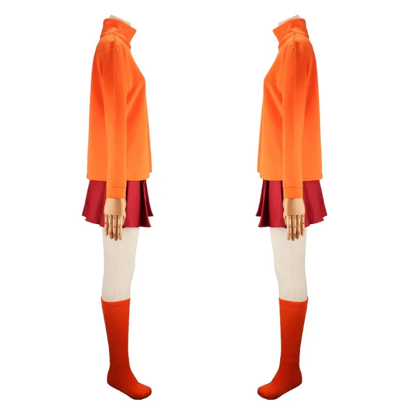 Anime Velma Kostüm: Cosplay-Uniform mit orangefarbenem kurzem Rock, Frauenkostüm mit orangefarbenen Socken und Oberteil, Halloween-Party- und Karnevals-Set.