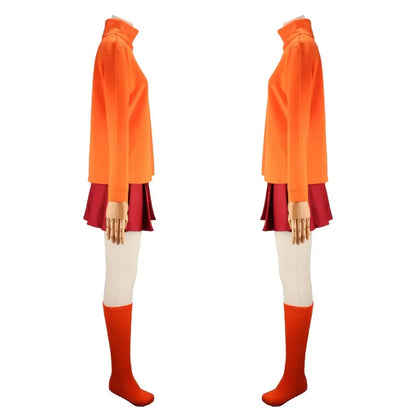 Anime Velma Kostüm: Cosplay-Uniform mit orangefarbenem kurzem Rock, Frauenkostüm mit orangefarbenen Socken und Oberteil, Halloween-Party- und Karnevals-Set.