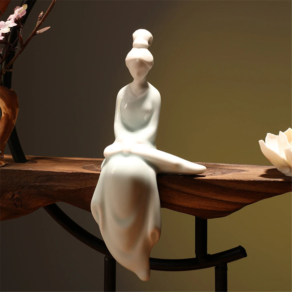 Keramik-Dienerin mit Holz-Rückfluss-Räucherbrenner – Mit 20 Kegeln, USB-LED-Lichtkreis, Lotus, Buddha-Perlen, Dekoration für Zuhause und Büro