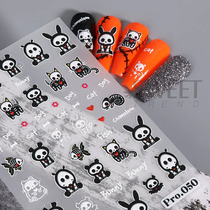 5D geprägte Halloween-Nagelkunstaufkleber: Schädel, Kürbis, Geister, Fledermaus, Spinnennetz, Anime-Nageldekorationen, gravierte Maniküre-Aufkleber.