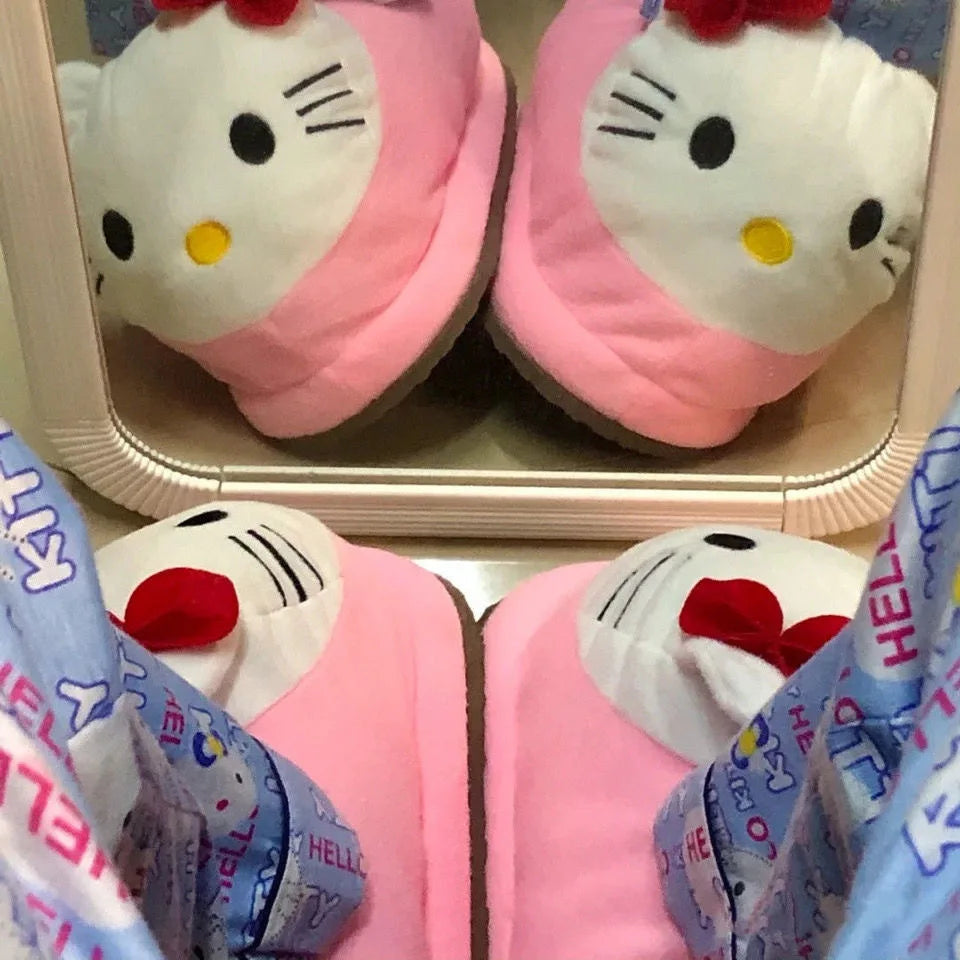 Sanrio Hello Kitty – Plüsch-Hausschuhe mit großem Kopf, Winter-Cartoon-Y2K-Baumwollschuhe, Plüschpantoffeln, Studentenschlappen