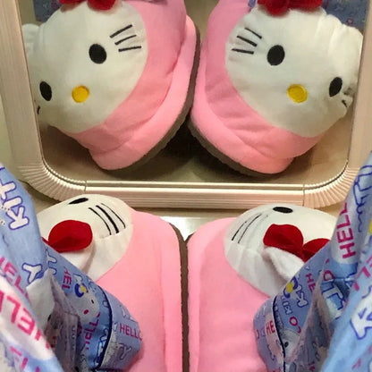 Sanrio Hello Kitty – Plüsch-Hausschuhe mit großem Kopf, Winter-Cartoon-Y2K-Baumwollschuhe, Plüschpantoffeln, Studentenschlappen