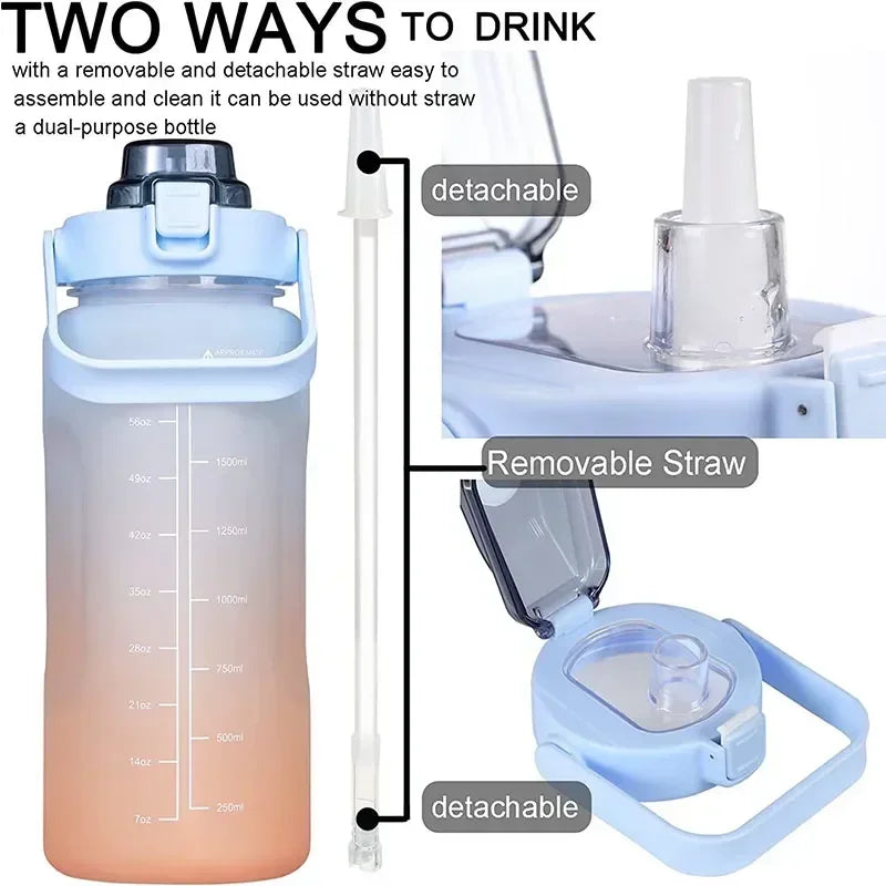 2L Kunststoff-Wasserflasche mit großem Fassungsvermögen, Zeitskala, Etikett, Aufkleber, Raumbecher, Federkappe, bemalter Wasserbecher mit Farbverlauf