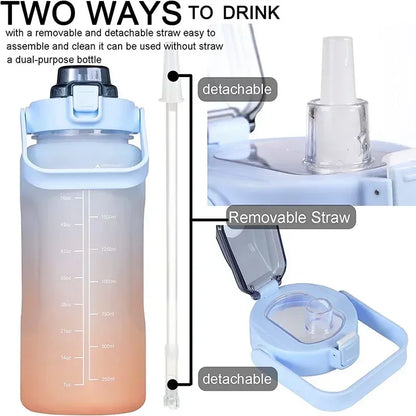 2L Kunststoff-Wasserflasche mit großem Fassungsvermögen, Zeitskala, Etikett, Aufkleber, Raumbecher, Federkappe, bemalter Wasserbecher mit Farbverlauf
