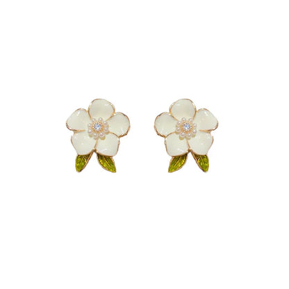 Trendige süße weiße Blume Ohrstecker für Frauen Mädchen Emaille Öl Kamelie grünes Blatt Kristall Imitation Perlenohrringe Schmuck