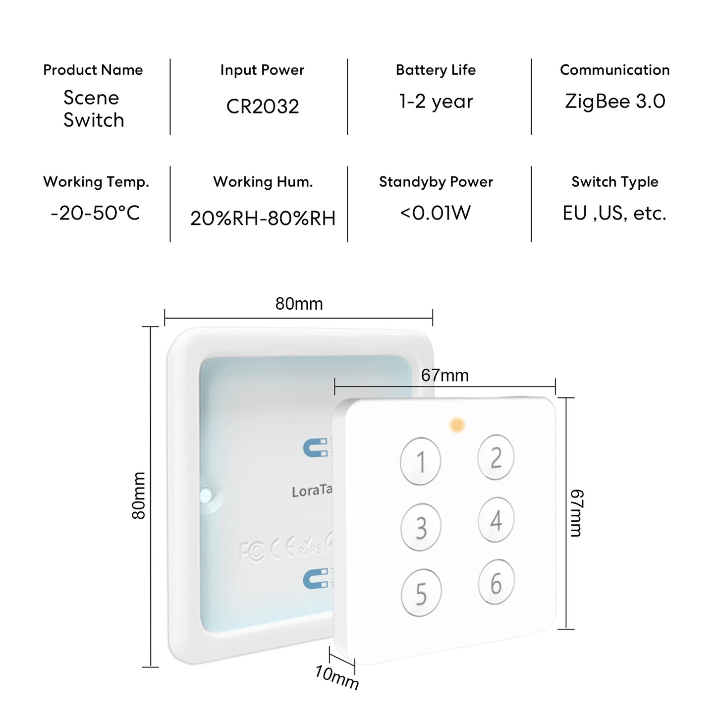 LoraTap ZigBee 3.0 Tuya Smart Life EU Standard 6 Tasten Gang Szene Magnetischer Fernbedienungsschalter Gateway Erforderlich ZigBee2MQTT