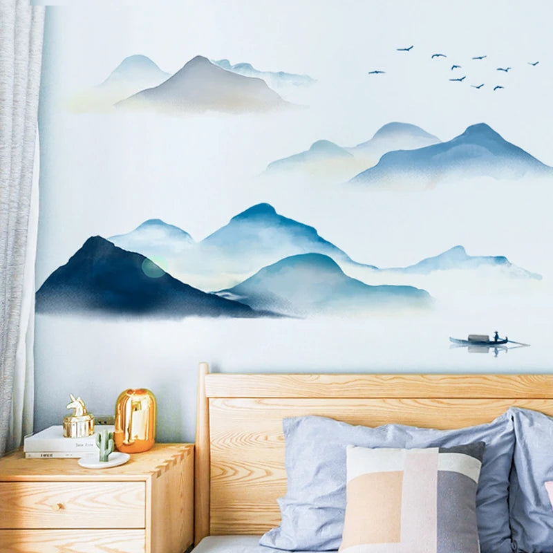 Ink Wash Mountain Wandaufkleber für Wohnzimmer Zuhause Schlafzimmer Kleiderschrank Wanddekoration Selbstklebende Vinyl Aufkleber Tapeten