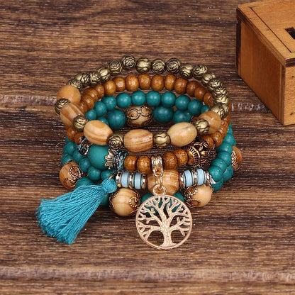 4er-Set Bohemia Tree of Life Armband – Perlenarmband-Set für Damen, handgefertigte Holzperlen, Boho-Schmuckaccessoires