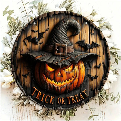 Halloween-Holzkranz mit Retro-Kürbiskopf-Logo: Horrorkunst-Dekoration, hängender Holzanhänger für Haus, Garten und Hof.