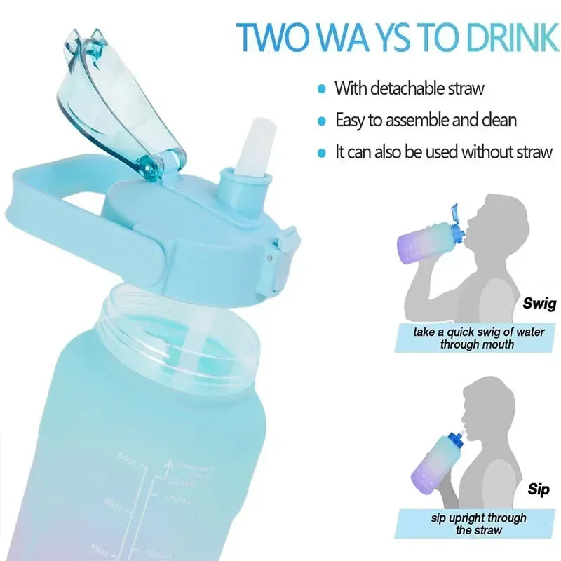2L Kunststoff-Wasserflasche mit großem Fassungsvermögen, Zeitskala, Etikett, Aufkleber, Raumbecher, Federkappe, bemalter Wasserbecher mit Farbverlauf