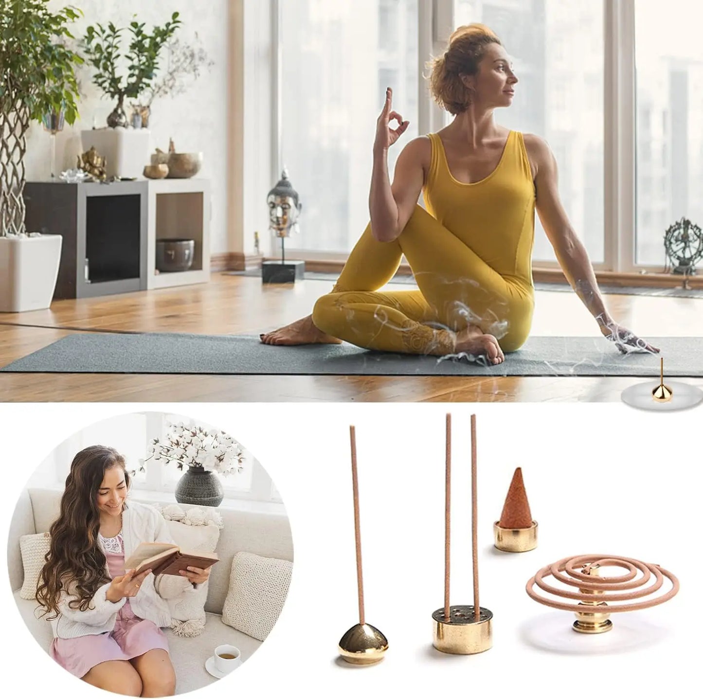 3-in-1 Messing Räucherstäbchen Halter – 3 Stile, Räucherkegel, Stäbchen, Coil Halter, Brenner für Yoga Heimdekoration
