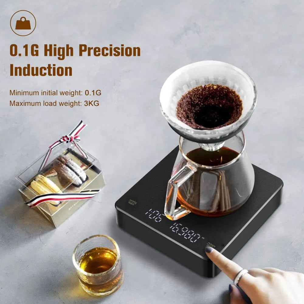 Digitale Kaffeewaage mit Timer LED-Bildschirm Espresso USB 3kg Max.Gewicht 0,1g Hochpräzise misst in oz/ml/g Küchenwaage
