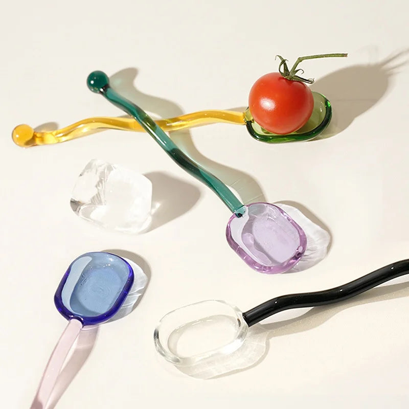 Creative Glass Milk Spoons Colored Transparent Coffee Dessert Stirring Spoon Long Handle Round Kitchen Tableware Stirrer Rod 1PC