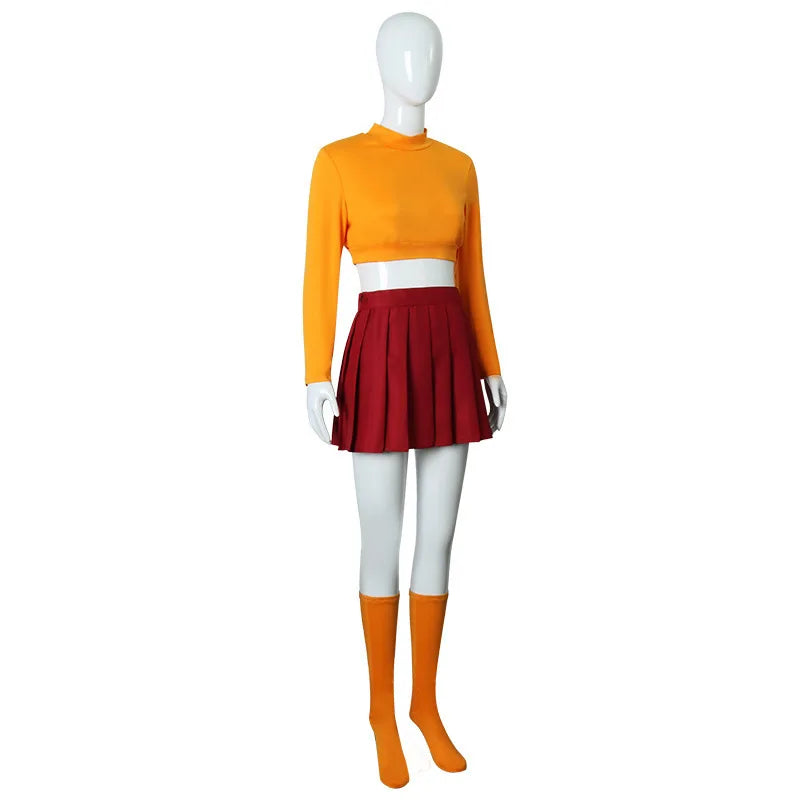 Anime Velma Kostüm: Cosplay-Uniform mit orangefarbenem kurzem Rock, Frauenkostüm mit orangefarbenen Socken und Oberteil, Halloween-Party- und Karnevals-Set.
