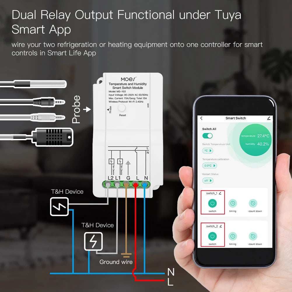 WiFi Smart Temperatur Feuchtigkeit Schalter Modul Sensor Dual Relais Ausgang Smart Life App Wireless Controller Arbeiten mit Alexa Google