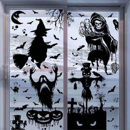 Schwarze Halloween-Dekoration: Skelett-Hand und Kürbis-Türsticker, Geisterfest-Partydekoration, Narbenmund-Wandsticker, "Happy Halloween" Motiv.