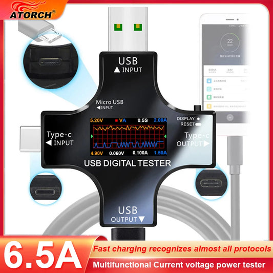 6,5 A USB-Tester DC Typ-C PD Digitales Voltmeter Ampere Spannung Strom Monitor Amperemeter Detektor Power Bank Ladegerät Kapazitätsmesser