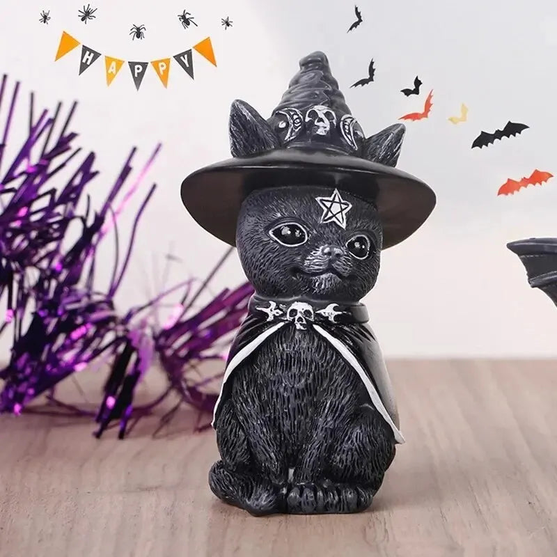 Schwarze Katzenstatue: Mysteriöse, niedliche Hexenkatzen-Figur, handbemalte Skulptur, Hexendekoration, Schreibtisch-Ornament für Halloween, 1 Stück.