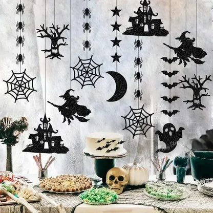 6 Stück Halloween-Hängedeko Girlande: Gruselige Spinnen-, Hexen-, Geister- und Fledermaus-Anhänger, Ornament für fröhliche Halloween-Partydekorationen zu Hause.