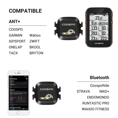 COOSPO Kadenz- und Geschwindigkeitssensor RPM – Bluetooth 4.0 ANT+ Sensor für Rennrad und MTB, kompatibel mit Wahoo und Garmin Fahrradcomputern