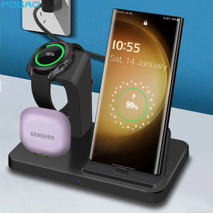 3 in 1 Ladestation für Samsung S23 S22 S21 Note 20 Z Fold Mehrere Geräte Kabelloses Ladegerät für Galaxy Watch 5 Pro 4 3 Knospen