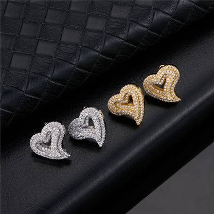 Hip Micro 1 Paar Herzform Pavé Baguette Zirkonia Stein Eis-out Stud CZ Ohrringe – Funkelnde Kupferohrringe für Frauen und Männer