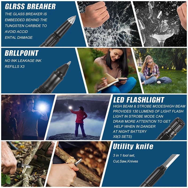 Militärischer taktischer Stift, 6-in-1-Selbstverteidigungsstift LED-Taschenlampe, Notfall-Glasbrecherstift, Schreibwerkzeug mit 3 Nachfüllungen