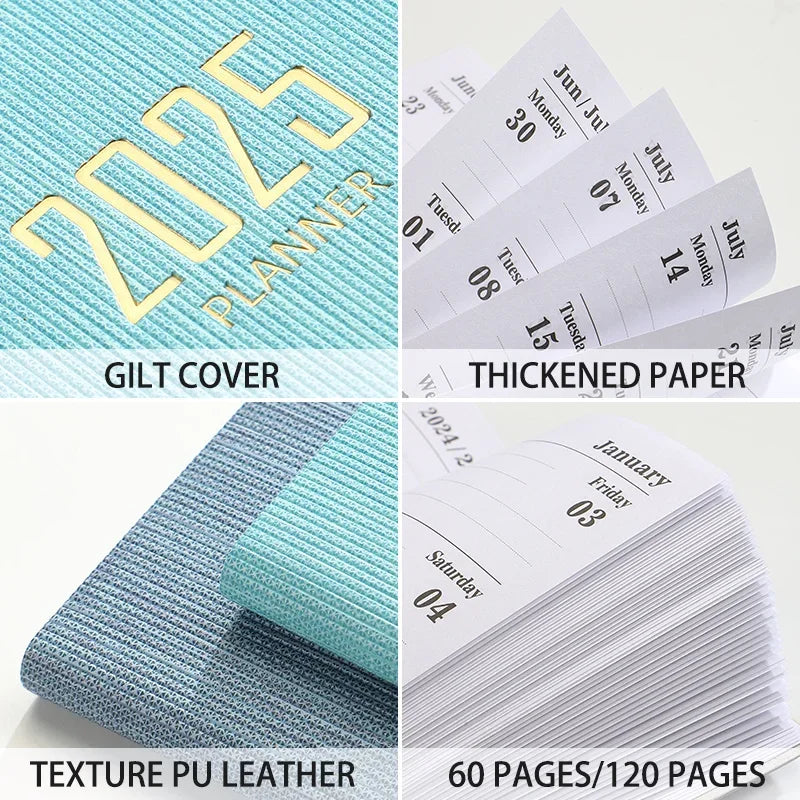 A6 2025 Tages- und Wochenplaner mit PU-Lederbezug, 365-Tage-Zeitplan, Notizbuch, tragbare Agenda, Schulbüro, Kalender-Organizer