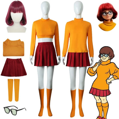 Anime Velma Kostüm: Cosplay-Uniform mit orangefarbenem kurzem Rock, Frauenkostüm mit orangefarbenen Socken und Oberteil, Halloween-Party- und Karnevals-Set.