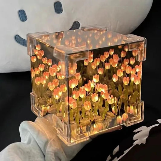 3D-Cloud-Tulpen-LED-DIY-Blumenmeer-Nachtlicht – Spiegel-Tischlampen, Schlafzimmer-Ornamente, dekorative Spiegel-Nachttischlampen