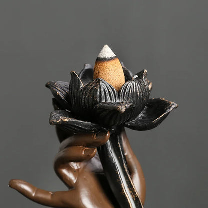 Backflow Räucherstäbchen Brenner, Handgefertigter Lotus Buddha Hand Wasserfall-Räucherstäbchen-Brenner – Für Hausentspannung, Glücksbringer und Feng Shui Dekoration