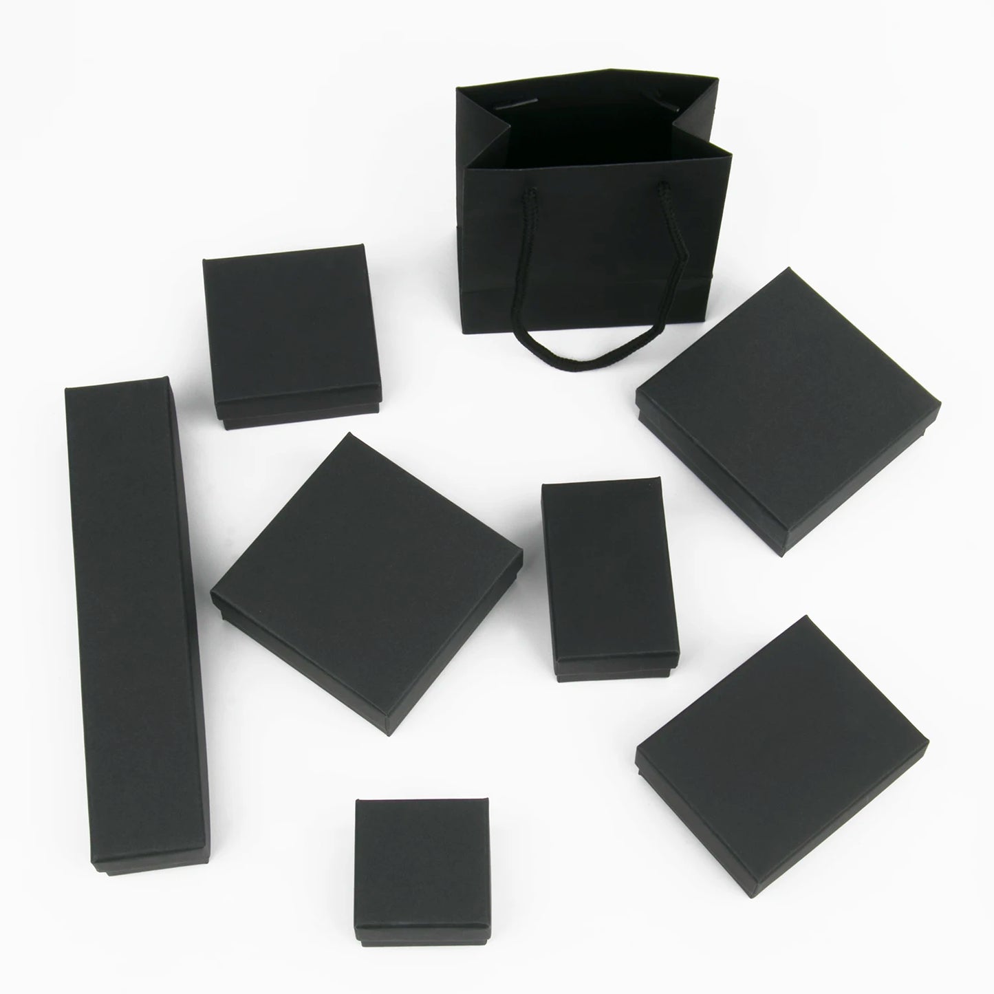 Schwarzes Papiermaterial, Schmuckschatullen, Karton, Anhänger, Geschenkbox, Taschen, rechteckige Halskette, Armbänder, Ohrringe, Verpackung, Aufbewahrungsboxen